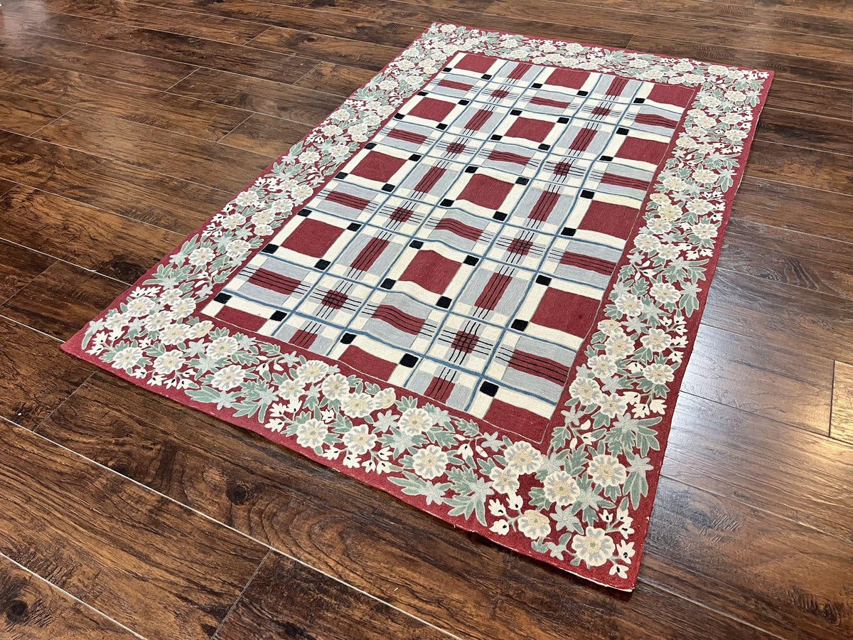 Indian Hand Stitched Rug 4x6, Vintage Carpet, Checkerboard Floral Pattern, Maroon Ivory, Flatweave, Wool - Jewel Rugs, view 3