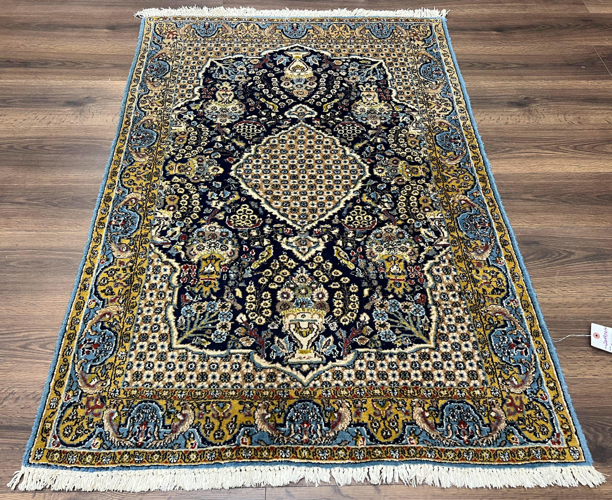 Fine Persian Qum Rug 3x5, Semi Antique Vintage Oriental Ghom Carpet, Floral Medallion, Highly Detailed, Hand Knotted, Navy Blue, Wool Area Rug, Birds - Jewel Rugs, view 2