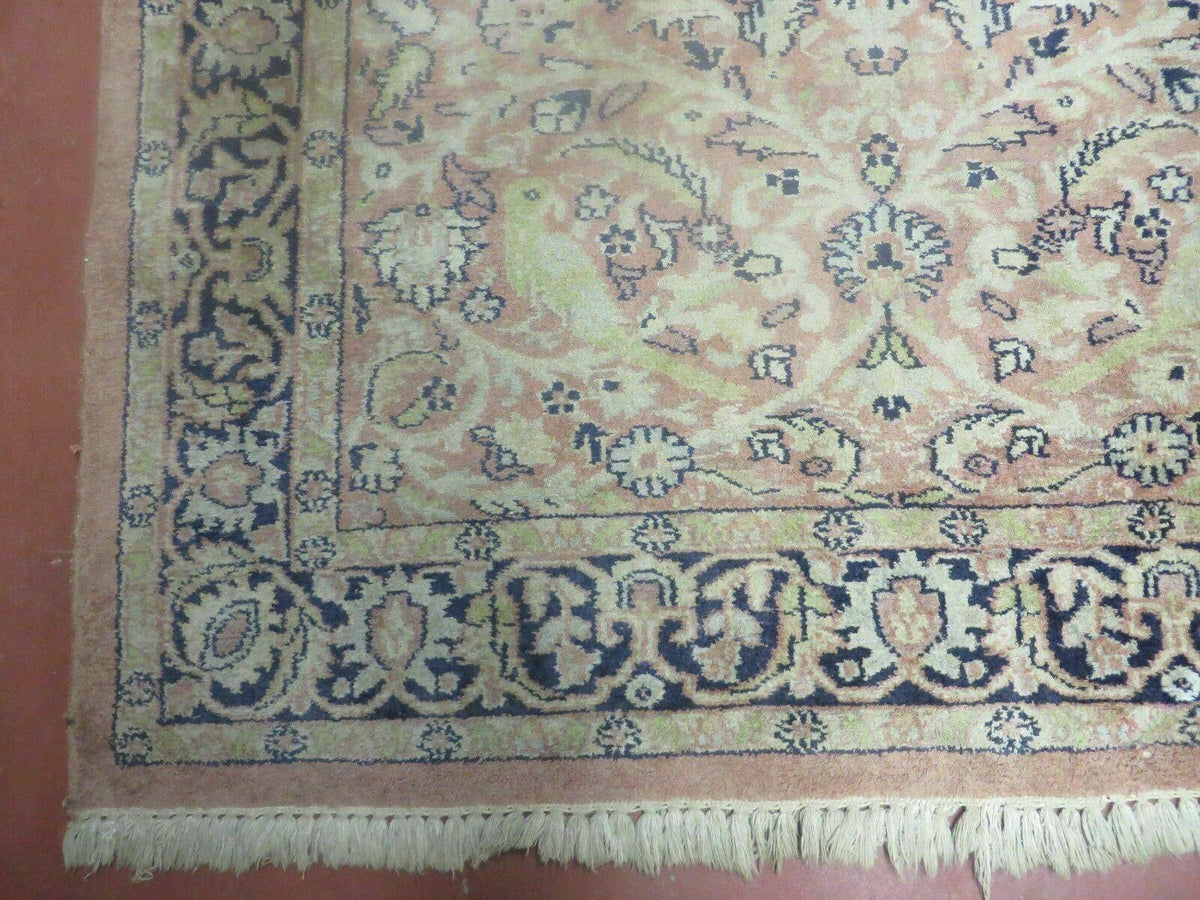 Indian Silk Rug 4x6, Indian Kashmiri Silk Carpet 4 x 6 ft, Vintage Hand Knotted Floral Bird Motifs, Light Pink and Navy Blue, Silk on Cotton - Jewel Rugs, view 9