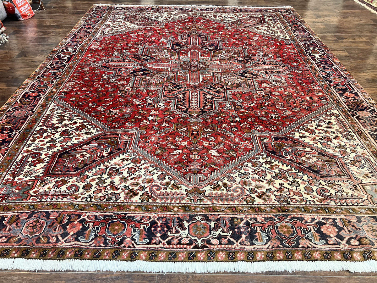 Large Persian Heriz Rug 10x13, Wool Hand Knotted Antique Carpet, Red and Ivory, Geometric Tribal Room Sized Rug, Decorative Oriental Rug - Jewel Rugs, view 2