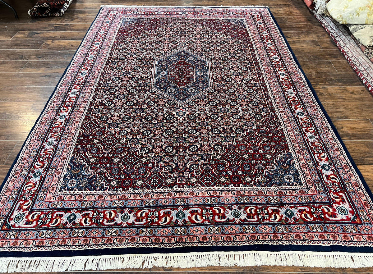 Indo Persian Rug 7x10, Dark Blue and Red Hand Knotted Wool Vintage Oriental Carpet 7 x 10 ft, Handmade Bidjar Rug, Herati Pattern Indian Rug - Jewel Rugs
