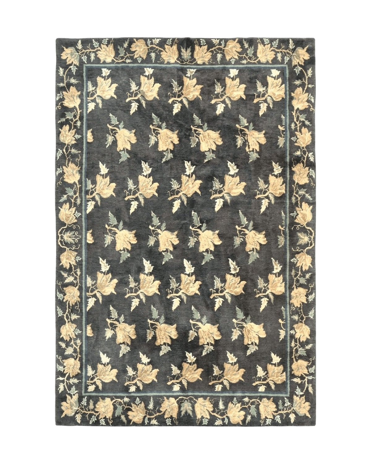Tibetan Nepal Rug 6x9, Wool Hand Knotted Vintage Carpet 6 x 9, Dark Green & Golden Yellow, Floral Bouquets - Jewel Rugs