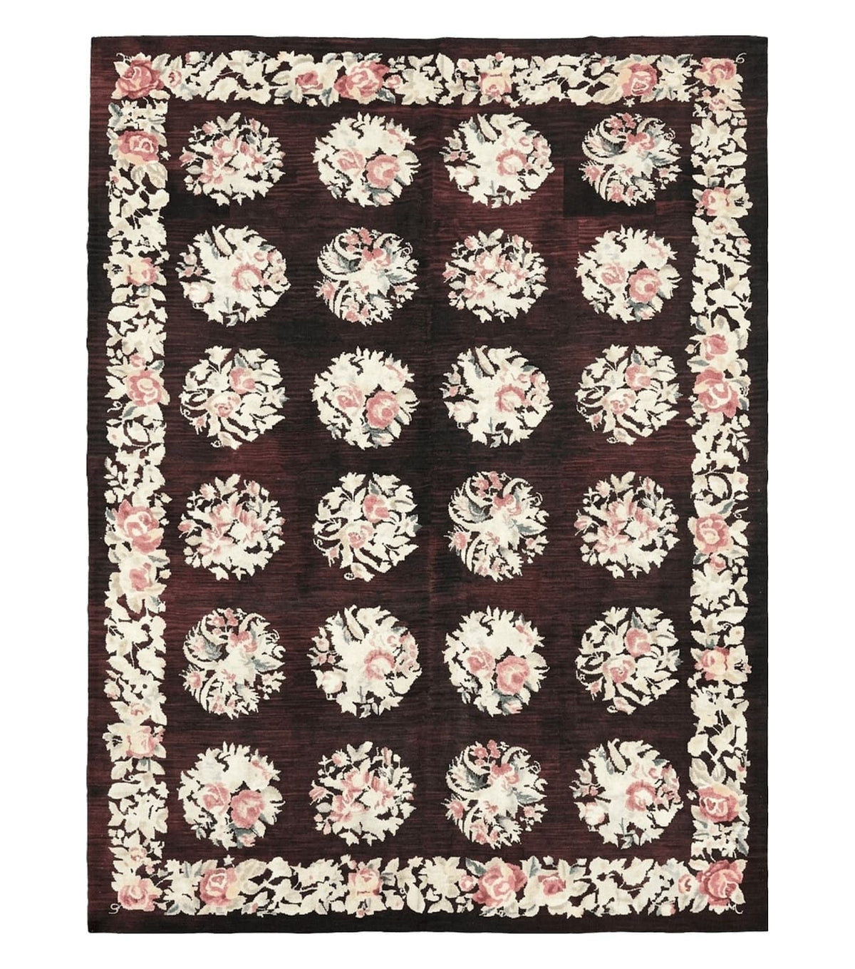 Floral Needlepoint Rug 5x7, Repeated Floral Motifs, Eggplant Color, Handmade Wool Vintage Needlepoint Area Rug 5 x 7 ft, Flatweave Rug - Jewel Rugs