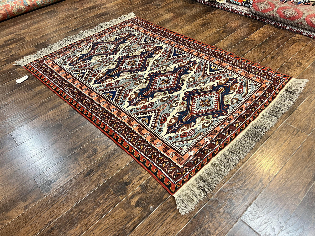 Russian Soumak Rug 6x8, Wool Handmade Antique Kilim Carpet, Multicolor 6 x 8 Geometric Medallions Caucasian Rug, Medium Size - Jewel Rugs, view 13