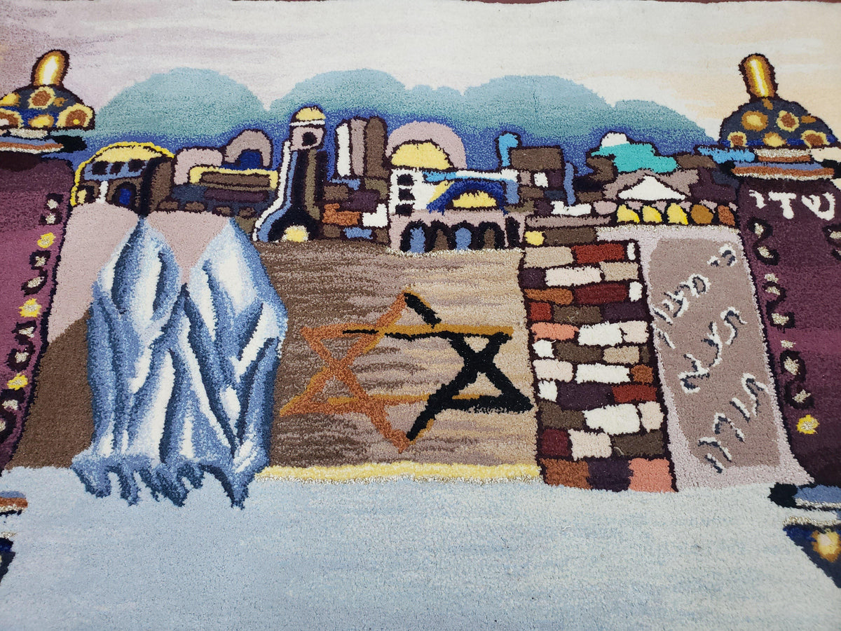Vintage Judaica Pictorial Rug 3x5, Wool Hand-Tufted Israeli Signed Rug, Jerusalem Rug, Star of David Torah Scroll Verses, Chanuka Gift - Jewel Rugs, view 4