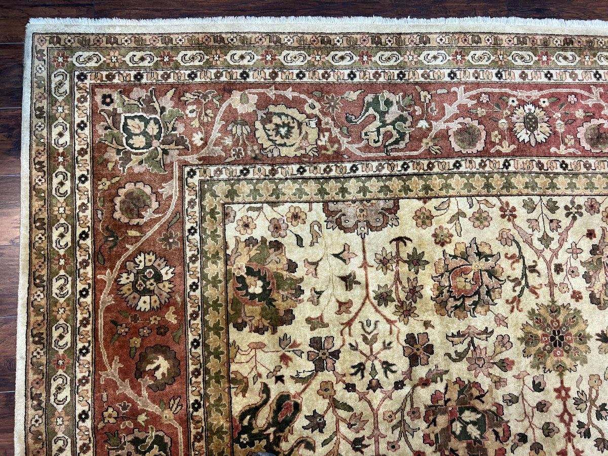 Large Indian Rug 10x14, Hand Knotted Indo Persian Gandehar Oriental Carpet, Vintage Wool Rug 10 x 14 ft Cream Red Floral Allover Traditional - Jewel Rugs, view 7