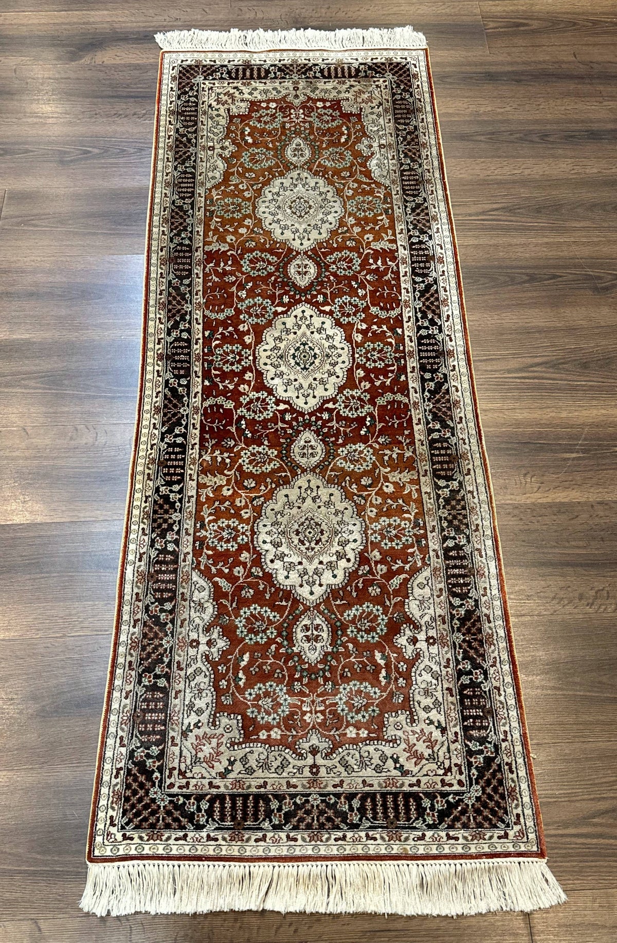 Turkish Silk Narrow Runner Rug 2 x 5.8, Very Fine 340 KPSI, Floral Medallions, Red - Jewel Rugs, view 2