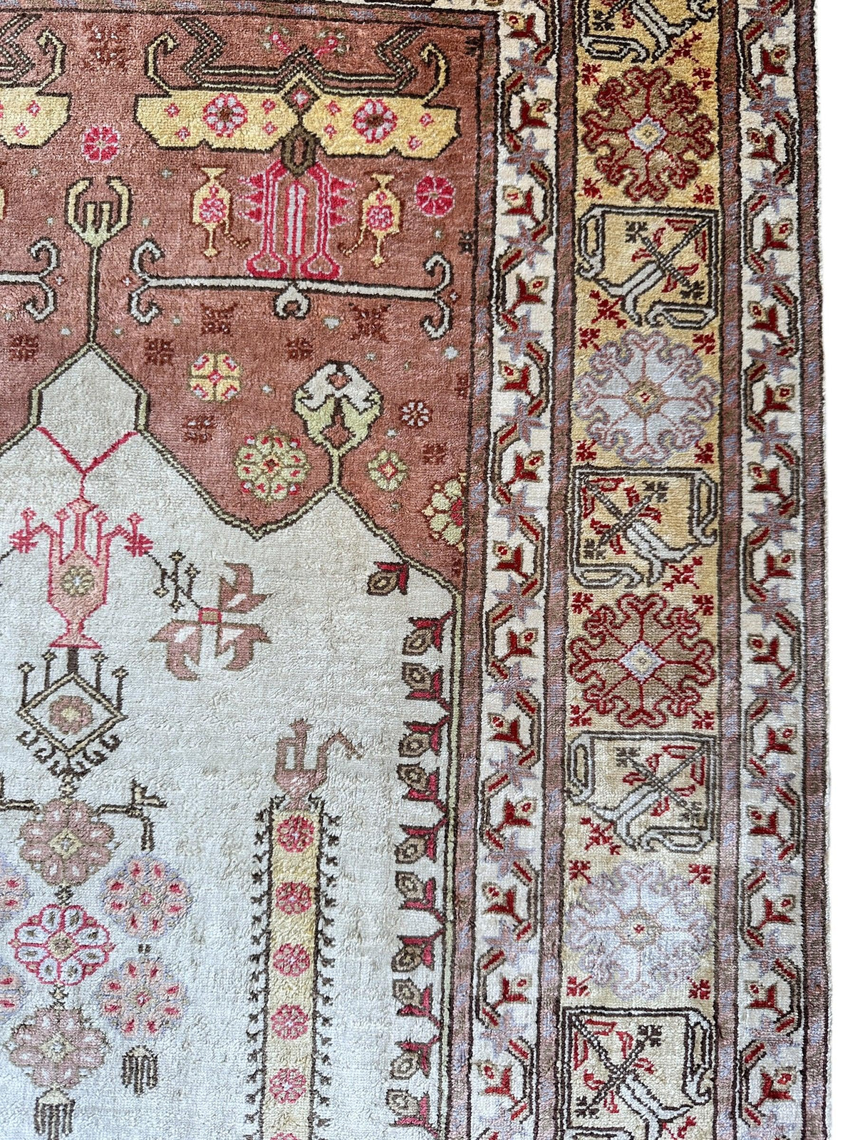 Vintage Turkish Kayseri Rug 2x3 | Ivory, Rust & Brown | Hand-Knotted Silk - Rugistan, view 7