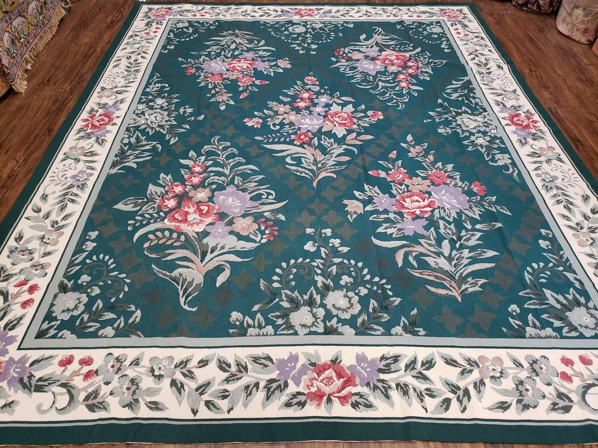 Chinese Needlepoint Rug 8x10, Vintage Green Area Rug, Hand-Woven Flatweave Floral European Design Carpet Wool Handmade 8x 10 Living Room Rug - Jewel Rugs, view 2