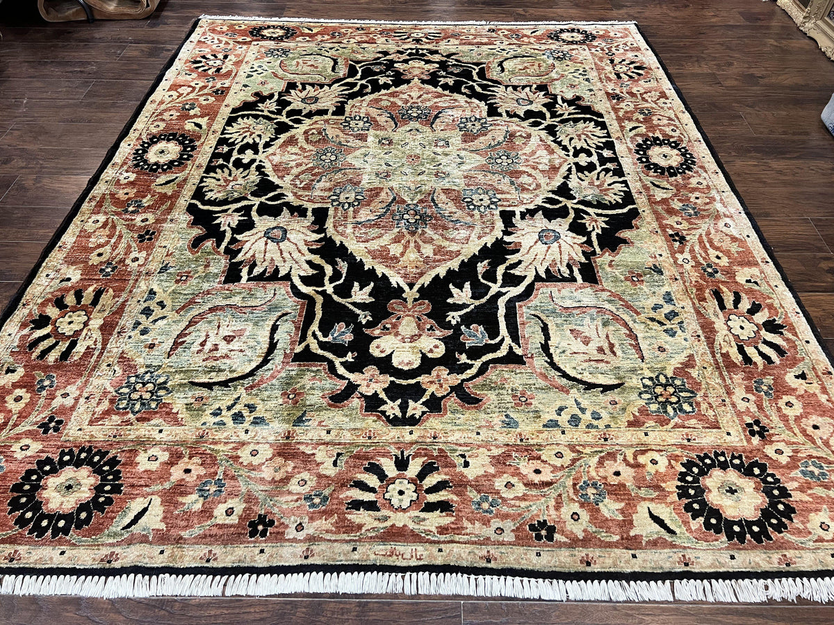 Pak Persian Rug 8x10, Pakistani Mahal Sultanabad Carpet, Signature from Master Weaver, Shiny Wool, Black Red Vintage Handmade Medallion Rug - Jewel Rugs, view 2