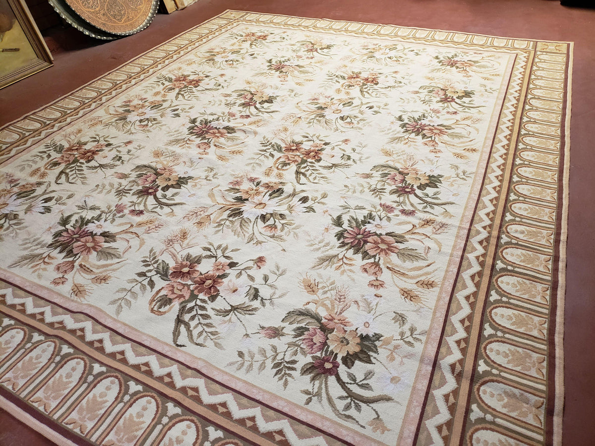 Needlepoint Rug 8x10 Aubusson Rug Victorian Floral Rug Handmade French Style French Decor Garden Panel Beige 8 x 10 Area Rug 100% Wool - Jewel Rugs, view 12