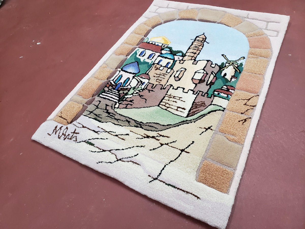 Small Judaica Rug, Rug with Jerusalem Pictorial, Chanuka Gift, Hand-Tufted, Jerusalem Gate, Vintage Judaica, Western Wall Rug, 3x4 Rug - Jewel Rugs, view 10