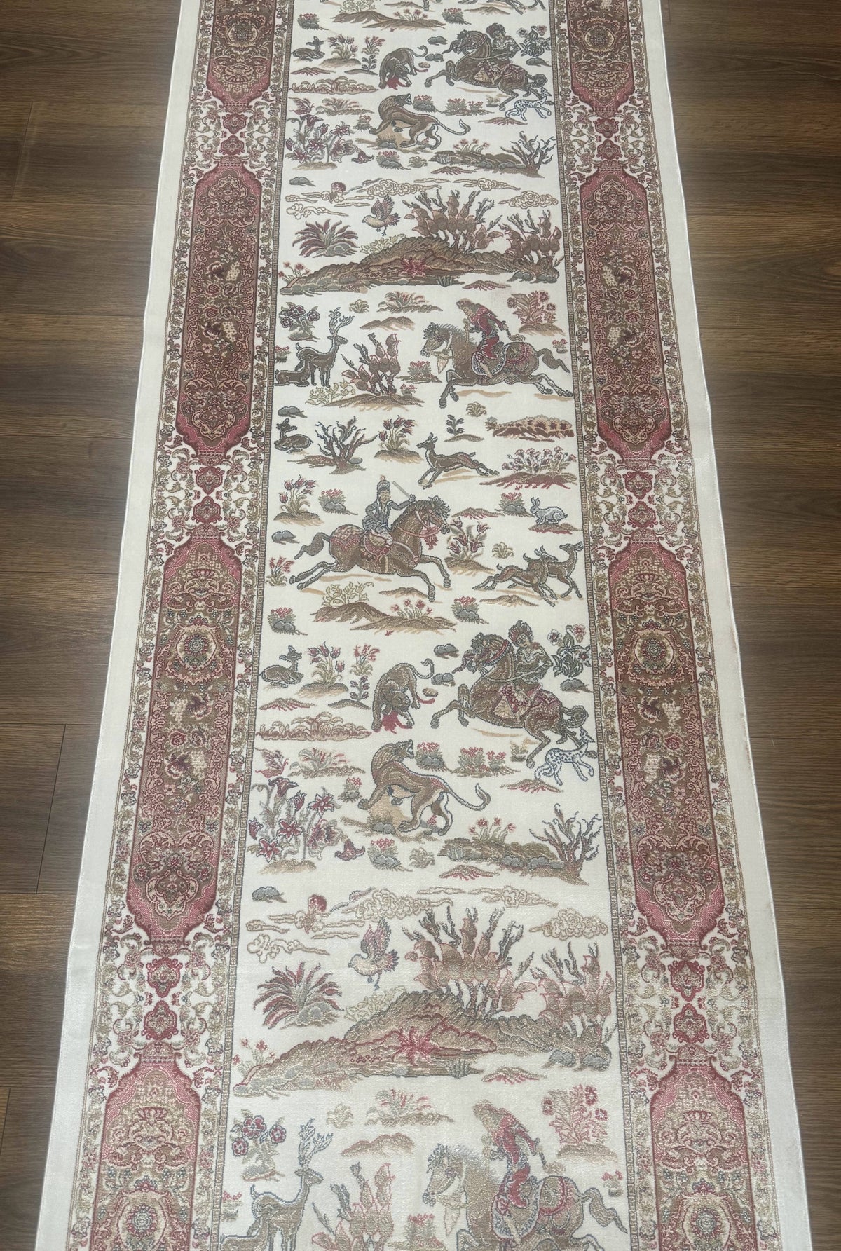 Long Turkish Silk Runner Rug 2.6 x 16.5, Hunting Design, Ivory, Bamboo Silk, New - Jewel Rugs, view 3