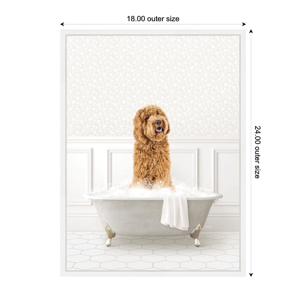 Sylvie Golden Doodle in White Bathtub Framed Canvas by Amy Peterson