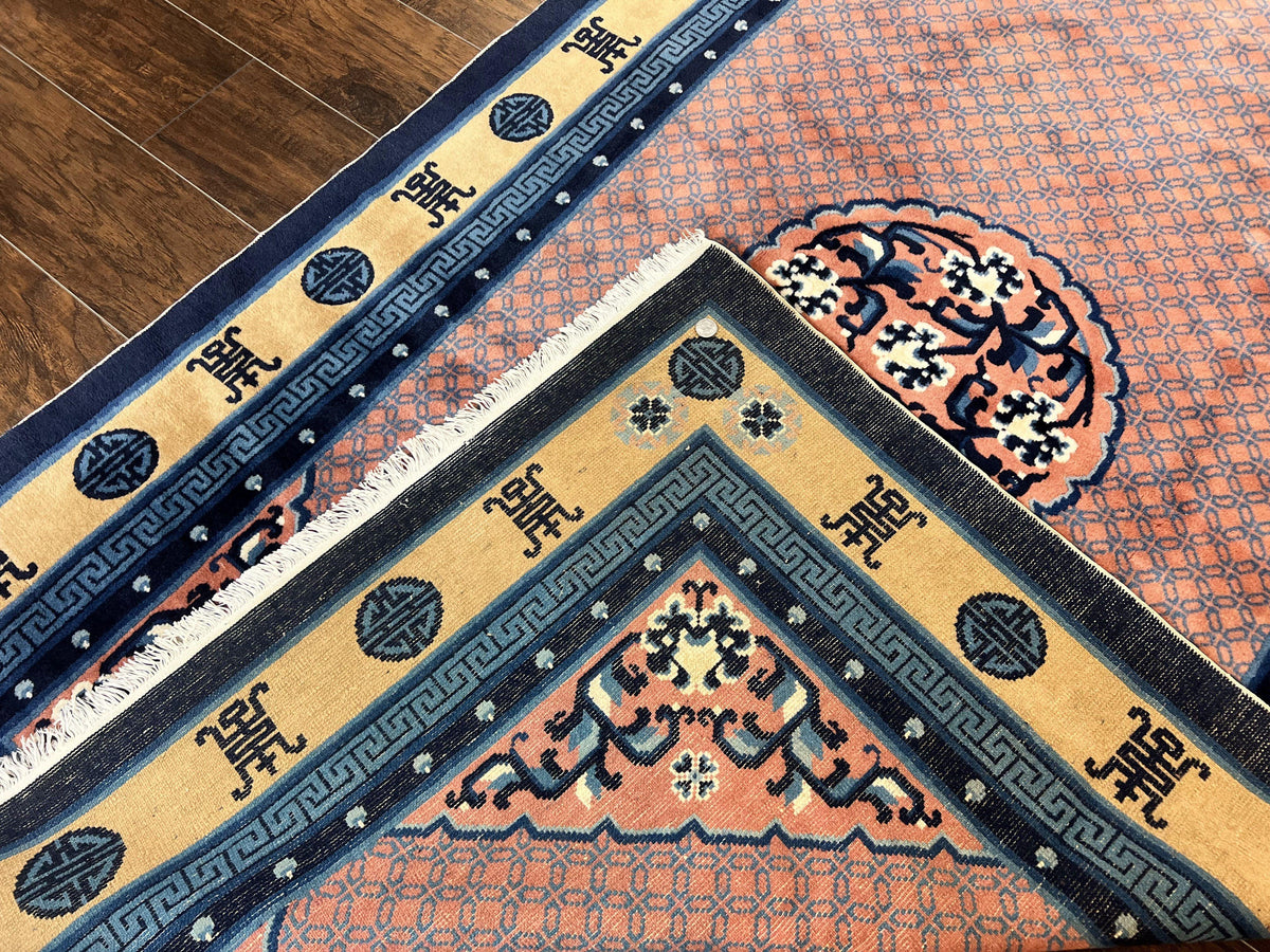 Chinese Peking Rug 5x8, Vintage Semi Antique Chinese Art Deco Carpet, Wool Pile Light Red/Salmon Gold Navy Blue, Handmade Asian Oriental Rug - Jewel Rugs, view 12