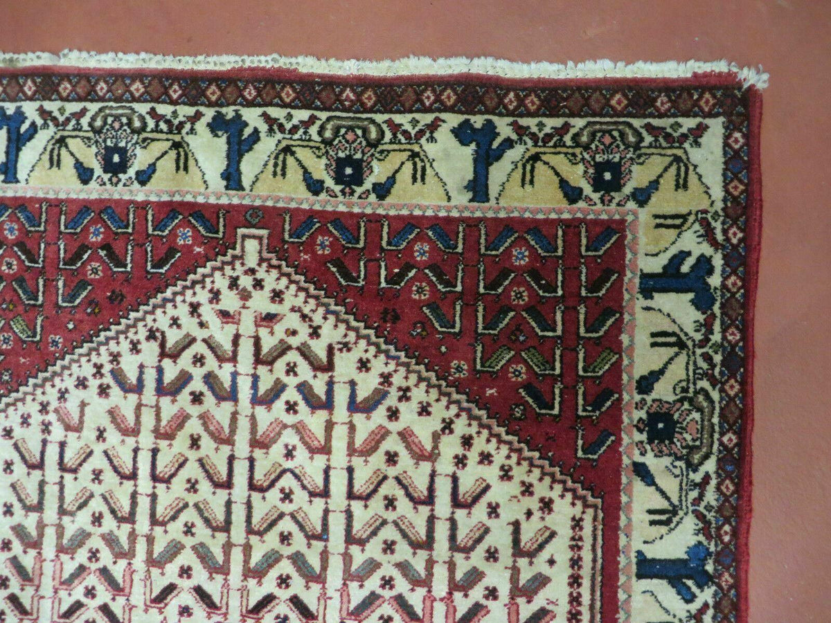 3' X 5' Vintage Handmade India Geometric Oriental Wool Rug Nice Birds Ivory Red - Jewel Rugs, view 8