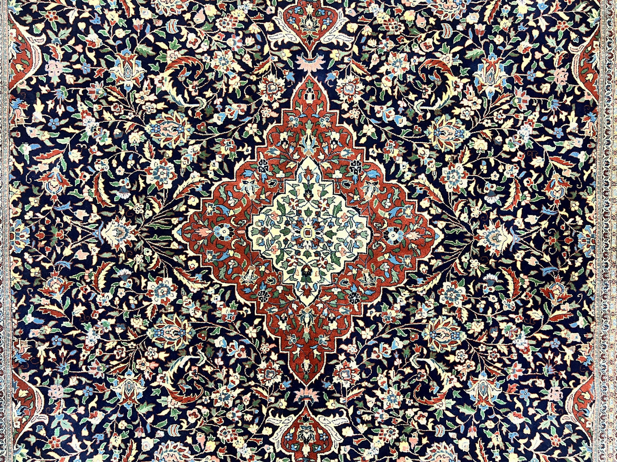 Indo Persian Rug 8x10, Floral Medallion, Vintage Handmade Wool Carpet, Navy Blue and Red, Fine 300 KPSI - Jewel Rugs, view 5