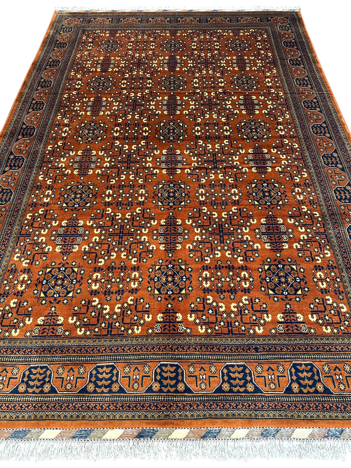 Afghan Turkmen Rug 7x10 | Orange, Navy & Ivory | Hand-Knotted Wool - Rugistan, view 3