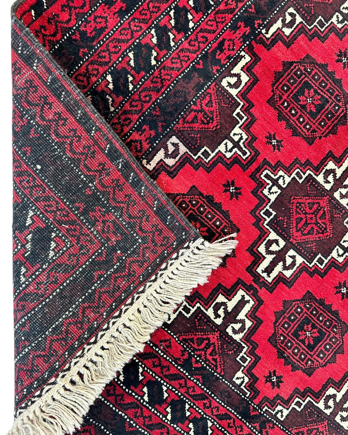 Afghan Baluch Rug 3x7 | Red, Navy & Ivory | Hand-Knotted Wool - Rugistan, view 5