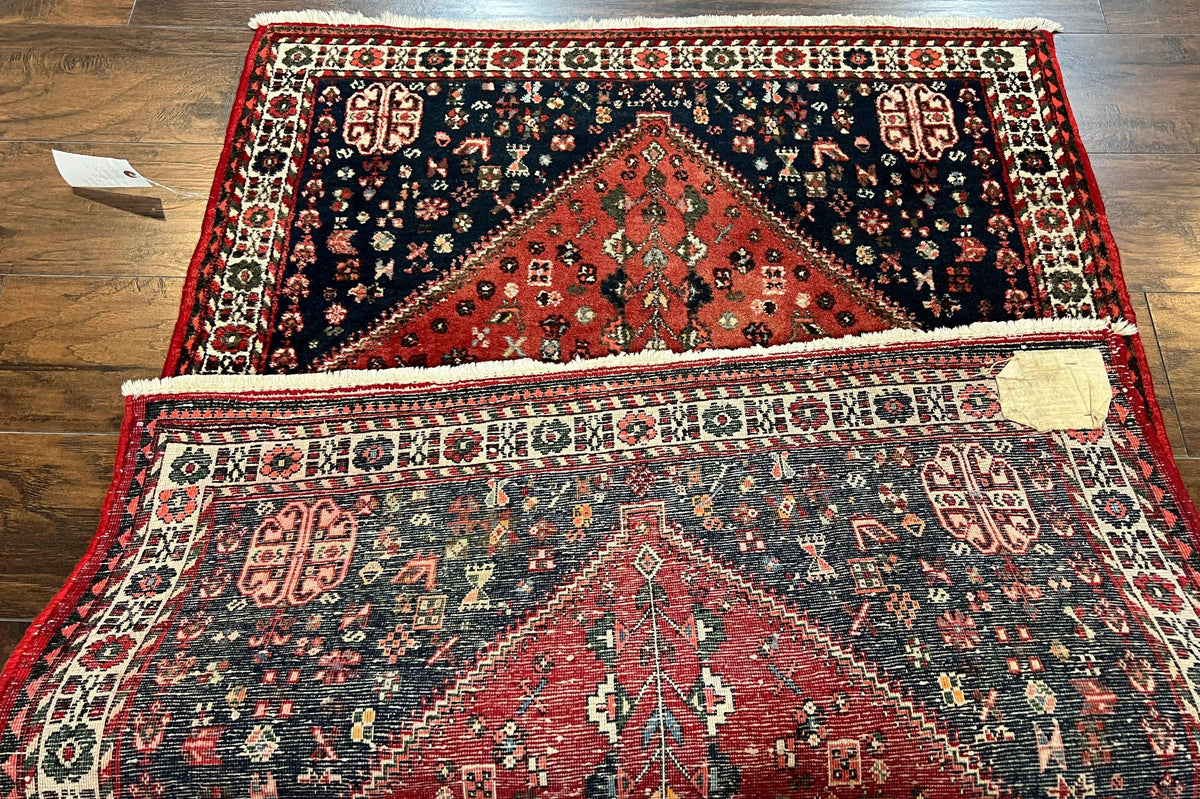 Persian Tribal Rug 3.6 x 5 ft, Persian Abadeh Rug, Geometric Medallion Bird Motifs, Red and Navy Blue Hand Knotted Handmade Wool Vintage Oriental Carpet - Jewel Rugs, view 11
