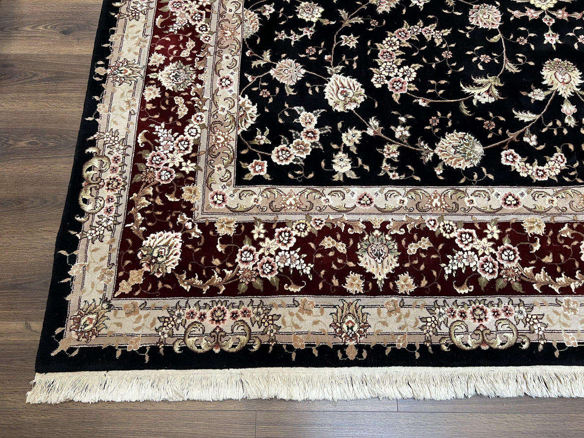Sino Persian Rug 9x12, High Quality Oriental Carpet, Black and Maroon, Wool and Silk, Allover Floral Pattern, Hand Knotted, Vintage Rug Nice - Jewel Rugs, view 8