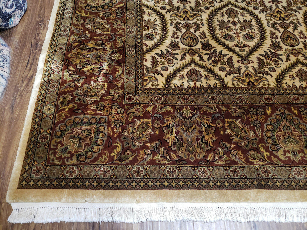 Vintage Indo Persian Area Rug 9x12, Wool Hand-Knotted Ivory & Dark Red Oriental Carpet, Fine Weave 9 x 12 Indian Rug, Dining Room Rug - Jewel Rugs, view 9