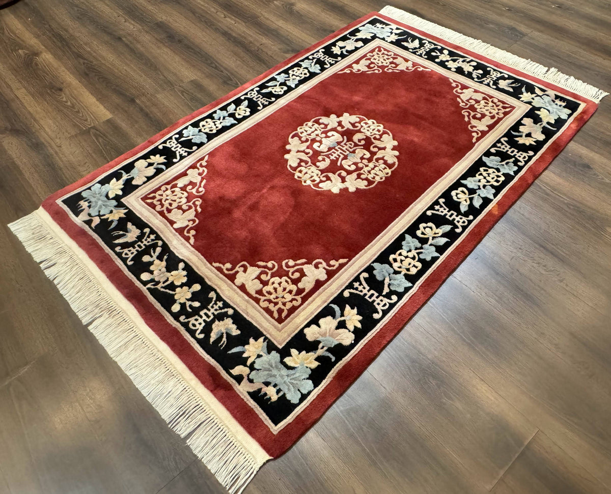Dark Red Chinese Wool Rug 4x6, Chinese 90 Line Rug, Carving Rug, Handmade, Pair B - Jewel Rugs, view 3