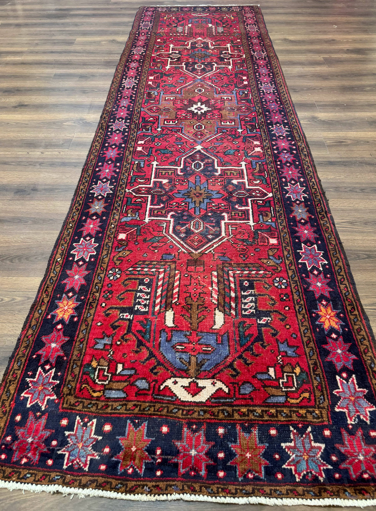 Persian Heriz Karajeh Runner Rug 3.7 x 12, Geometric Medallions, Red and Navy Blue - Jewel Rugs, view 2