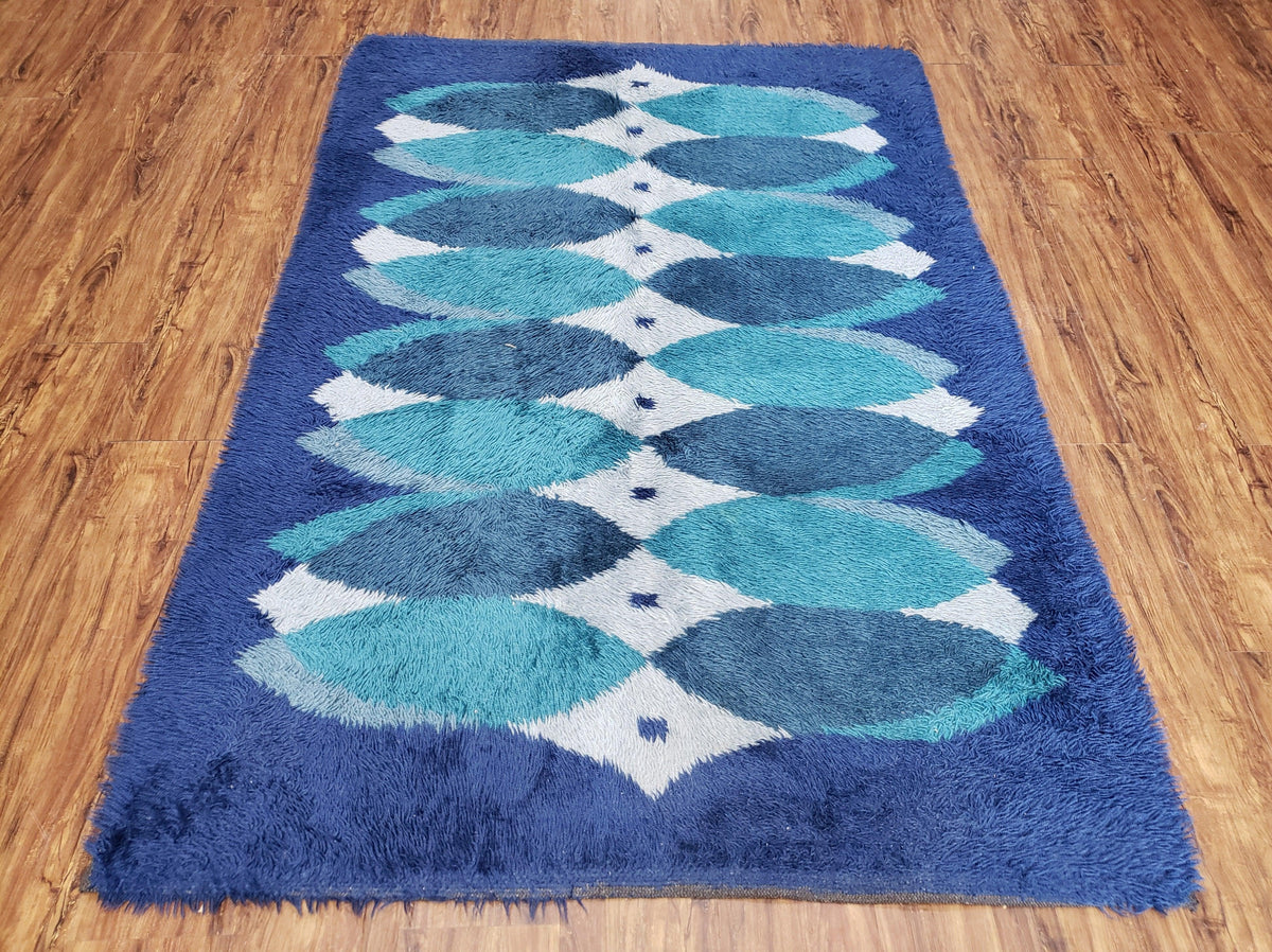 Blue Rya Rug, 1960s Mid-Century Modern Danish Shag Rug 4'6" x 6'7", Ege Rya, Abstract - Jewel Rugs, view 2