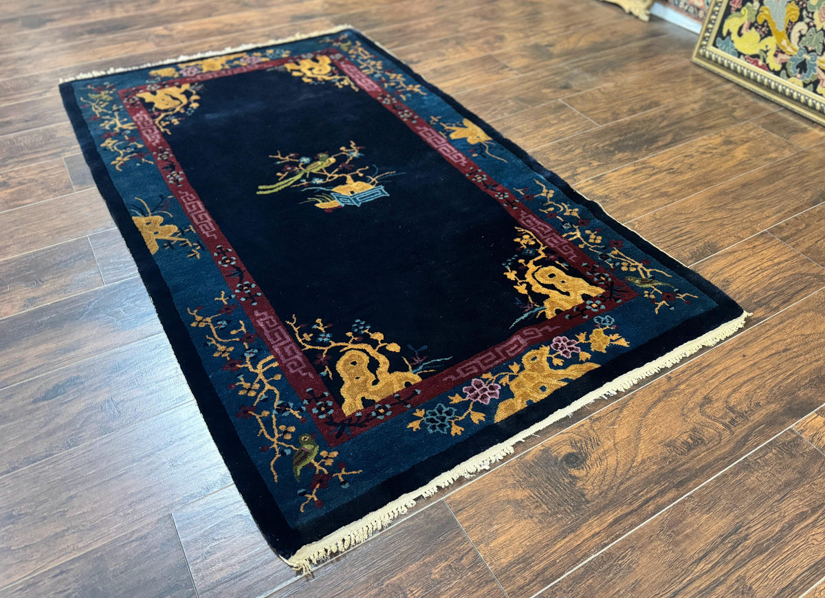 Antique Chinese Peking Rug 3x6, Dark Blue, Bird Motif, Handmade Wool Art Deco Asian Oriental Carpet, Pair B - Jewel Rugs, view 3