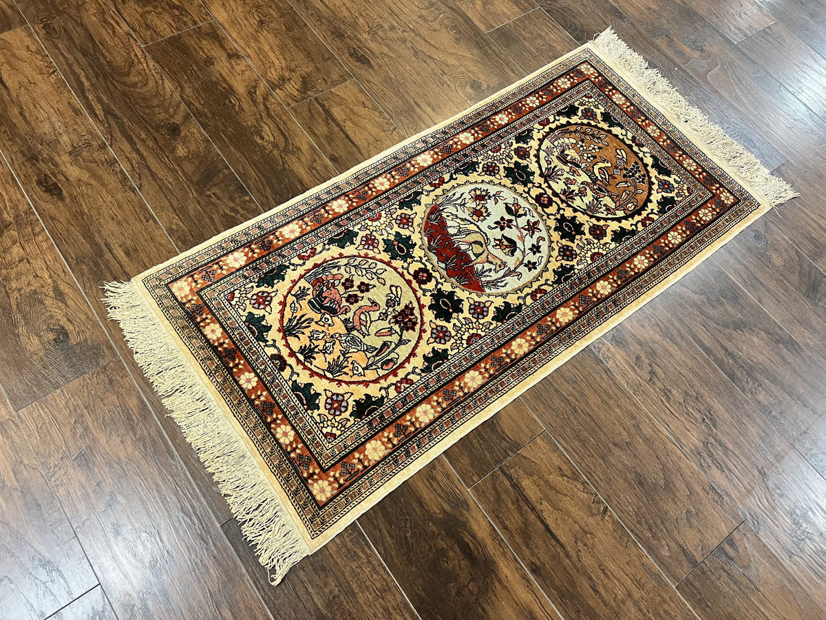Silk Turkish Rug 2x4, Fine Handmade Oriental Rug, Animal Pictorial Birds Silk Pile on Silk Foundation Vintage Hand Knotted Hereke Carpet - Jewel Rugs, view 3
