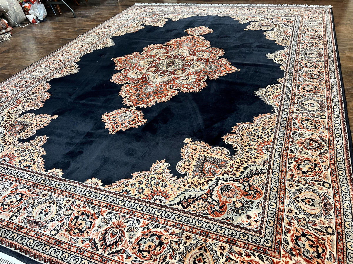 Karastan Rug 10x13, Karastan Ebony Kirman Rug, Room SIzed Wool Pile Vintage Karastan Carpet, Belgium Power Loomed Rug, Black Semi Open Field - Jewel Rugs, view 2