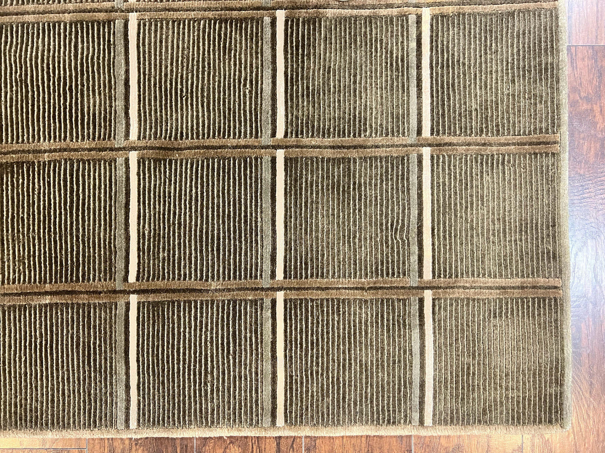 Tibetan Rug 4x6, Green Wool Handmade Area Rug 4 x 6, Panel Design, Modern Contemporary - Jewel Rugs, view 10