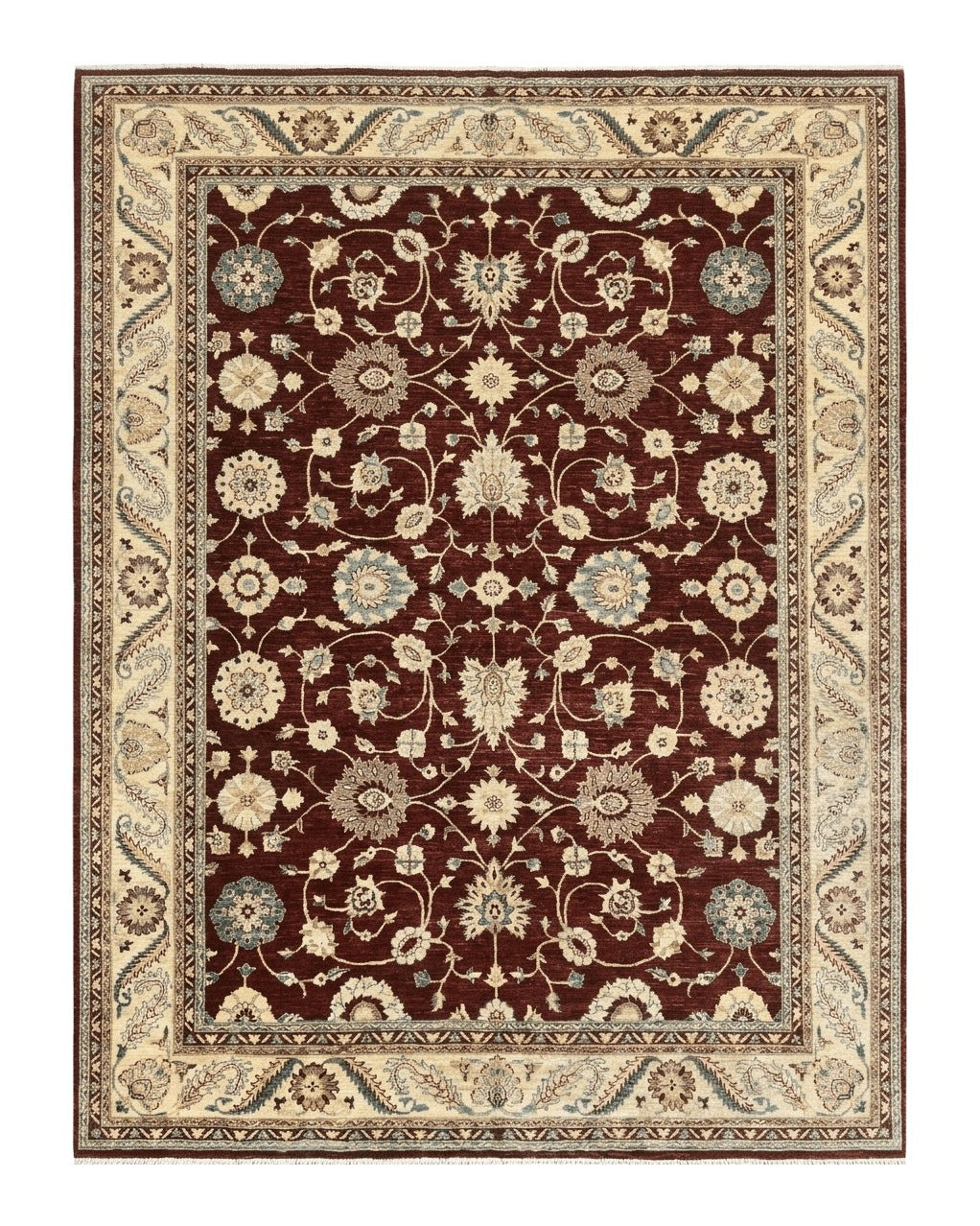 Peshawar Rug 9x11, Pakistani Oriental Carpet, Maroon and Beige, Floral Allover, Wool Hand Knotted Handmade Vintage Rug - Jewel Rugs