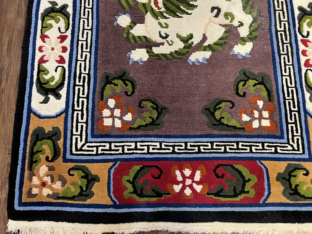 Chinese Art Deco Rug 3 x 5.5 with Animal Pictorials, Vintage Chinese Peking Wool Area Rug, Dark Puce Maroon Ivory, Hand Knotted Soft Carpet - Jewel Rugs, view 9