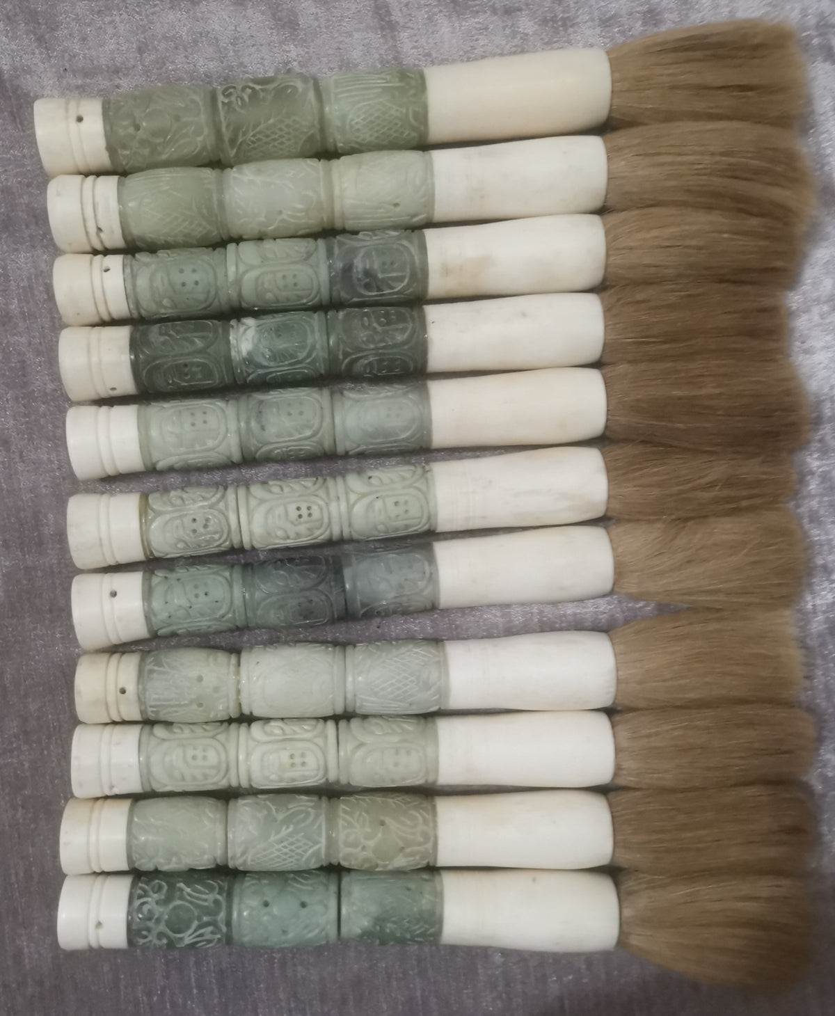 15"Hand Carved Lucky Pattern Calligraphy Brush Neutral White Jade