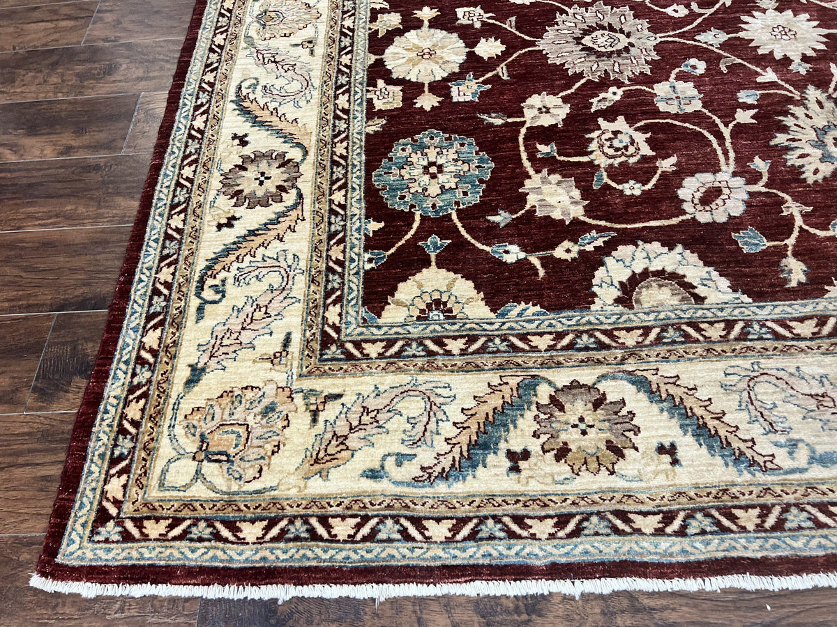 Peshawar Rug 9x11, Pakistani Oriental Carpet, Maroon and Beige, Floral Allover, Wool Hand Knotted Handmade Vintage Rug - Jewel Rugs, view 8