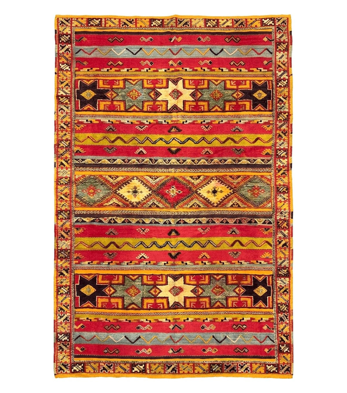 Unique Moroccan Rug 7x10, Room Sized Carpet, Red Orange Gray, Wool Oriental Striped Geometric Tribal Boho Rug, Flatweave with Raised Pile - Jewel Rugs