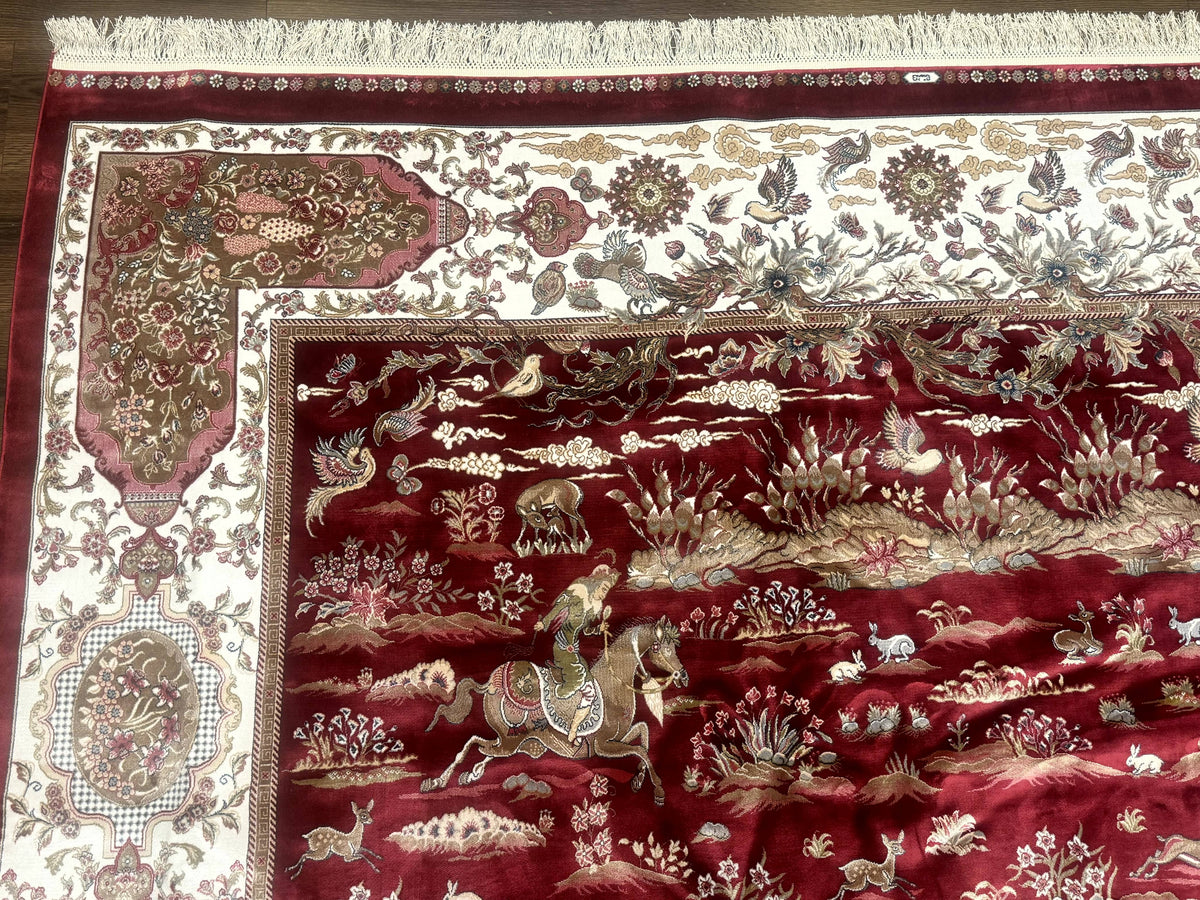 Turkish Silk Rug 8x10, Red & Ivory, Hunting Design, Bamboo Silk, New - Jewel Rugs, view 6