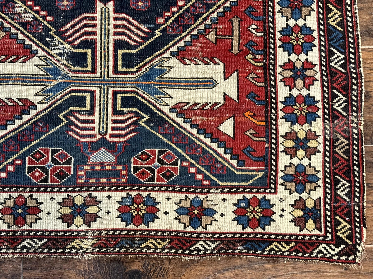 Antique Shirvan Caucasian Rug 3x5, Geometric Pattern, Red Navy Blue Beige - Jewel Rugs, view 10