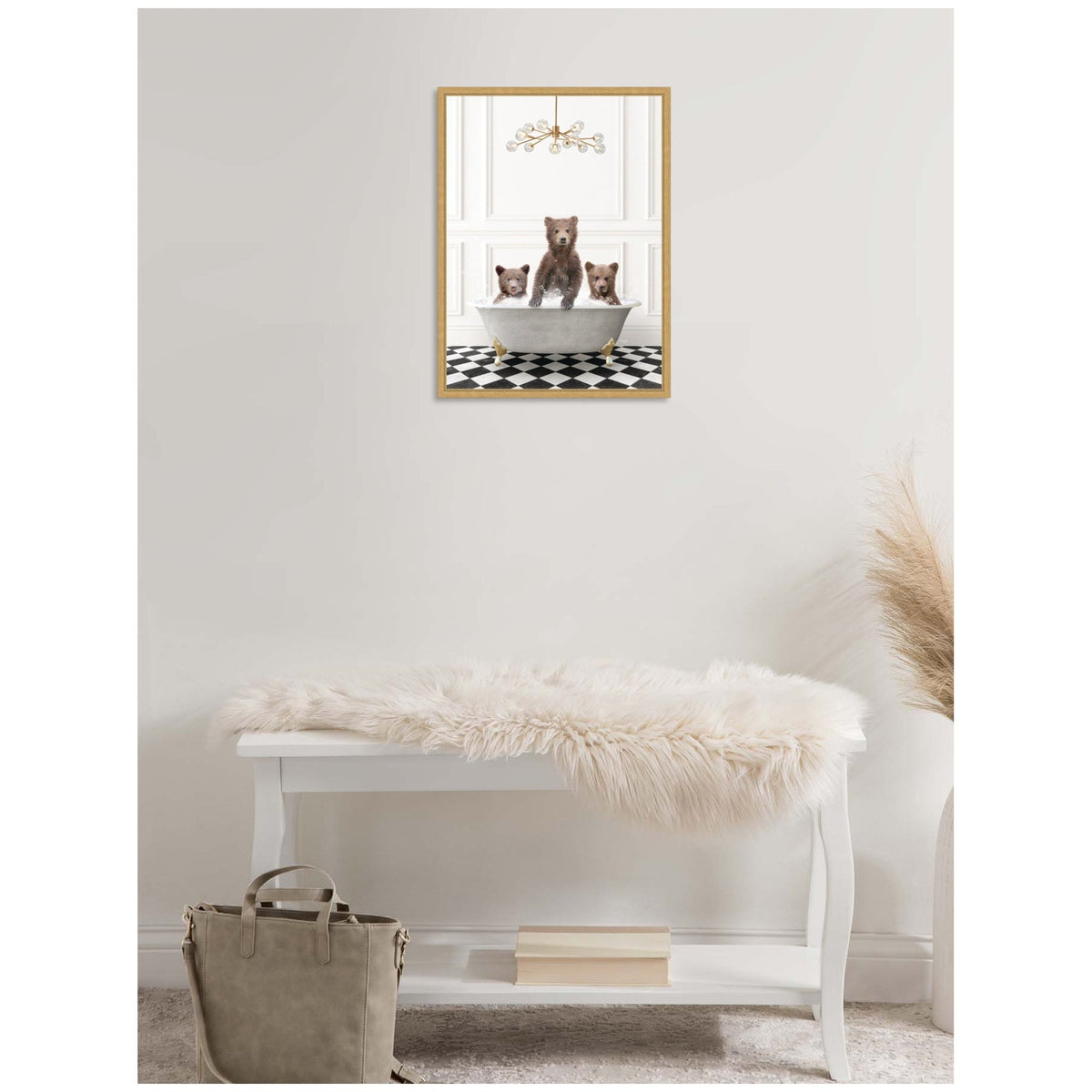 Sylvie Three Bears in Gray Bathtub on Checker Floor Framed Canvas by Amy Peterson