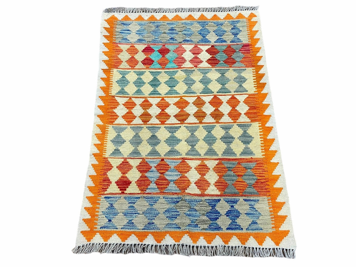 Small Chobi Kilim Rug 3x4 Colorful Diamond Kilim Small Turkish Multicolor Kilim with Diamond Pattern Wool Flatweave Nice - Jewel Rugs, view 2