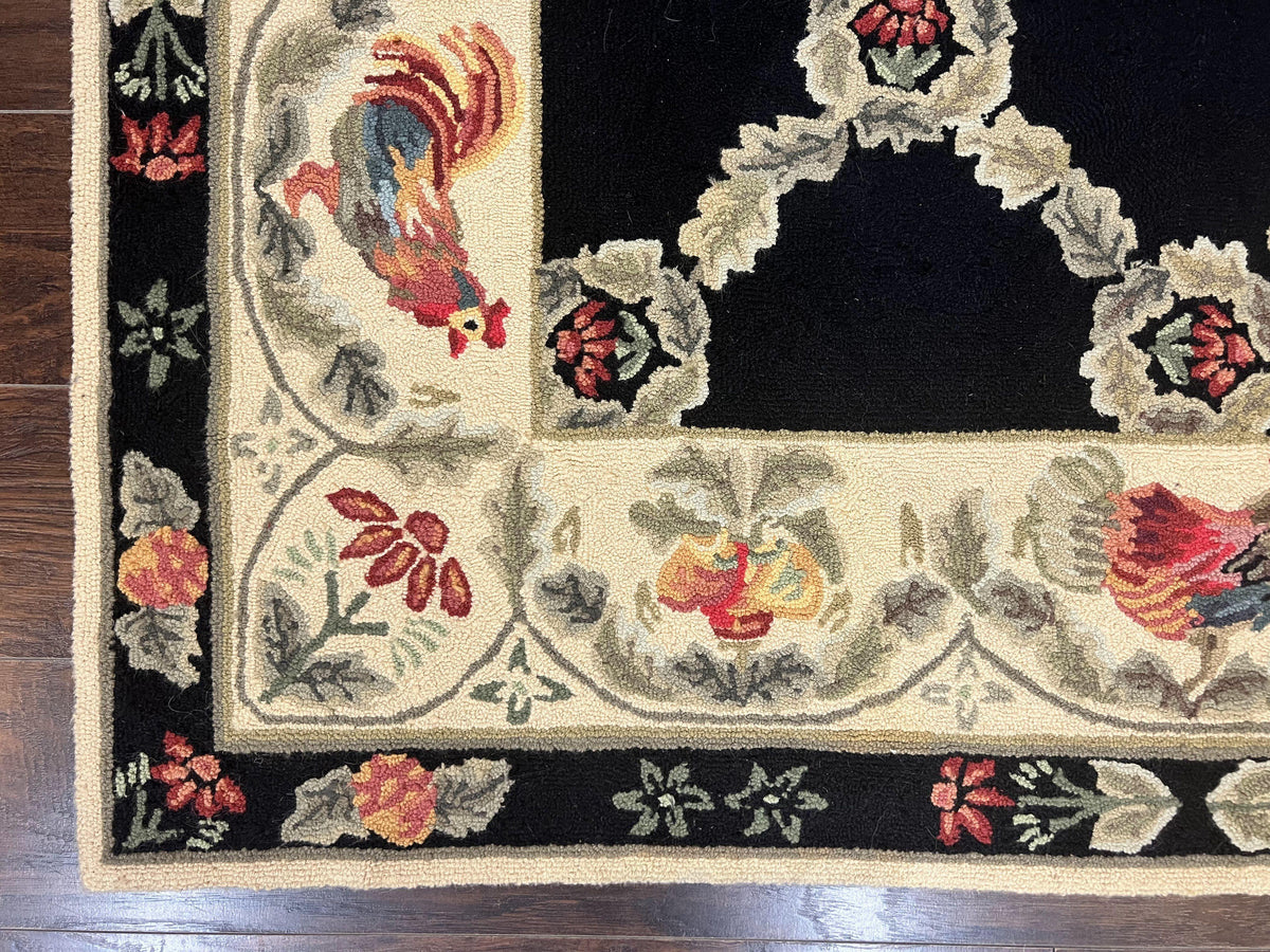 Hooked Rug 5x8, European Aubusson Pattern, Black and Ivory, Roses & Roosters, Vintage Wool Rug - Jewel Rugs, view 9