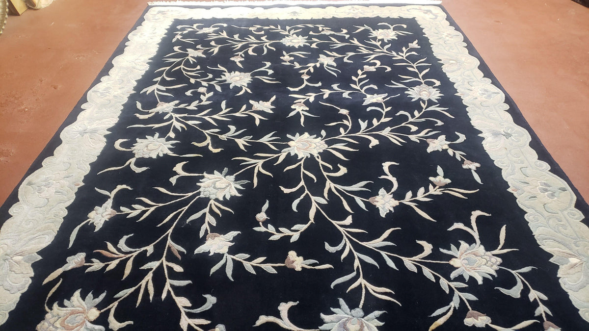 6x9 Vintage Black Gray Chinese Rug 120 Lines Wool Carpet Floral Design Hand-Knotted Soft Pile Entryway Rug Foyer Rug Nice - Jewel Rugs, view 4
