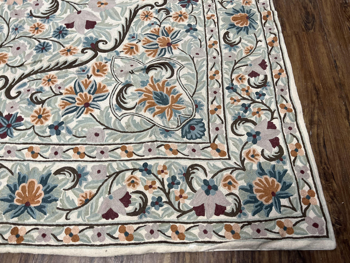 Chain Stitched Rug 9x12 Vintage Carpet 9 x 12 Flatweave Rug, Ivory Teal Rug, Area Rug 9 by 12, Hand Stitched Rug, Medallion, Indian Rug - Jewel Rugs, view 10
