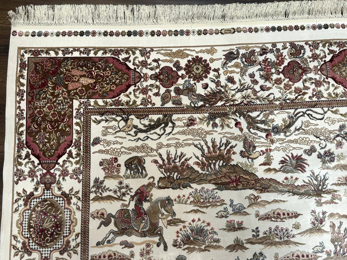 Turkish Silk Rug 5x8, Ivory, Hunting Design, Animal Pictorials, Bamboo Silk - Jewel Rugs, view 7