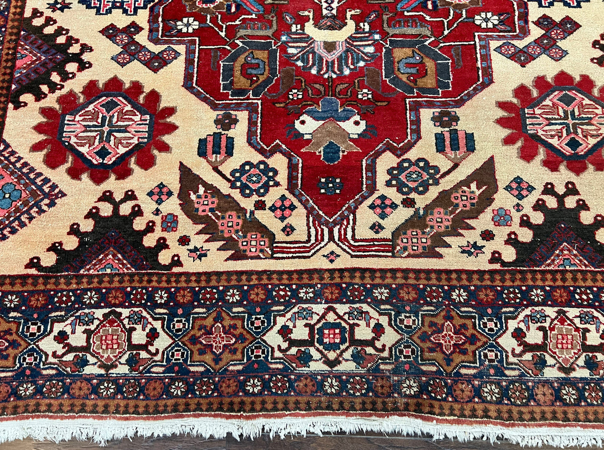 Antique Persian Heriz Rug 8x12 ft, Geometric Tribal Room Sized Carpet, Camel Hair Red Navy Blue, Wool Hand Knotted Medallion Oriental Carpet - Jewel Rugs, view 6