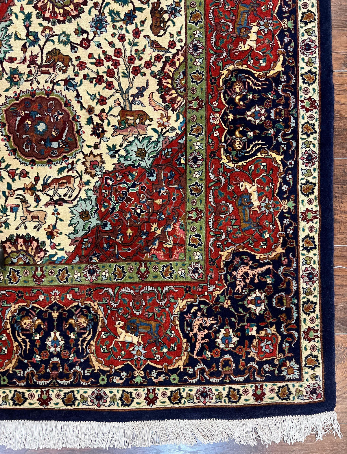 Wonderful Sino Persian Rug 6x10 with Animal Pictorial Motifs, Cream Dark Red Navy Blue, Birds Gazelles, Two Medallions, Top Quality Handmade - Jewel Rugs, view 10