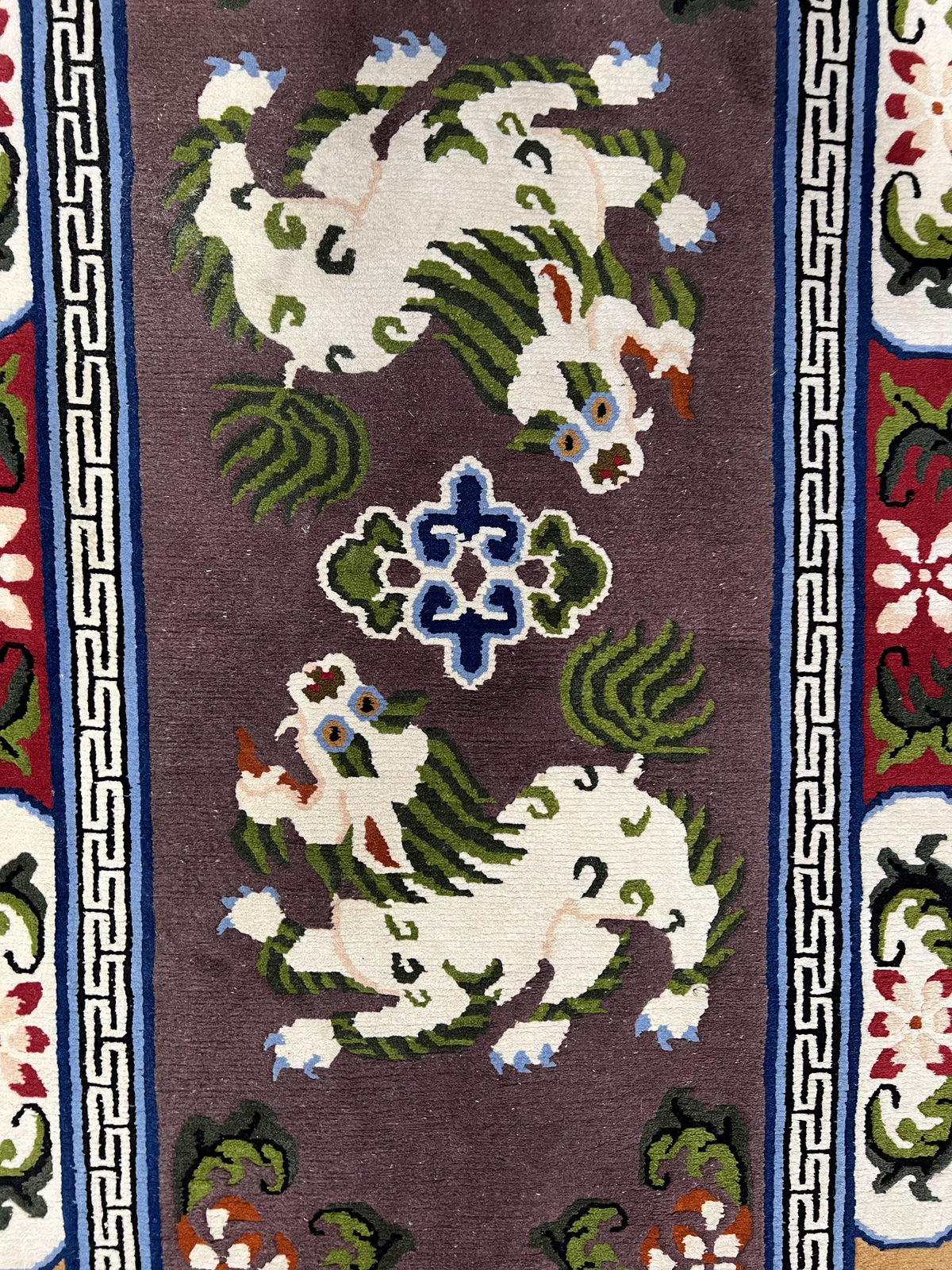 Chinese Art Deco Rug 3 x 5.5 with Animal Pictorials, Vintage Chinese Peking Wool Area Rug, Dark Puce Maroon Ivory, Hand Knotted Soft Carpet - Jewel Rugs, view 5