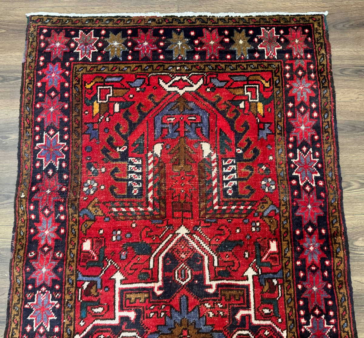 Persian Heriz Karajeh Runner Rug 3.7 x 12, Geometric Medallions, Red and Navy Blue - Jewel Rugs, view 4